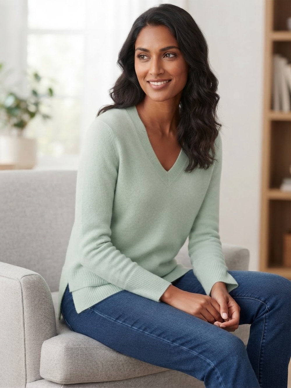EUC Saks Fifth Avenue 100% Cashmere V-Neck Sweater Women’s Relaxed Boxy High Low
